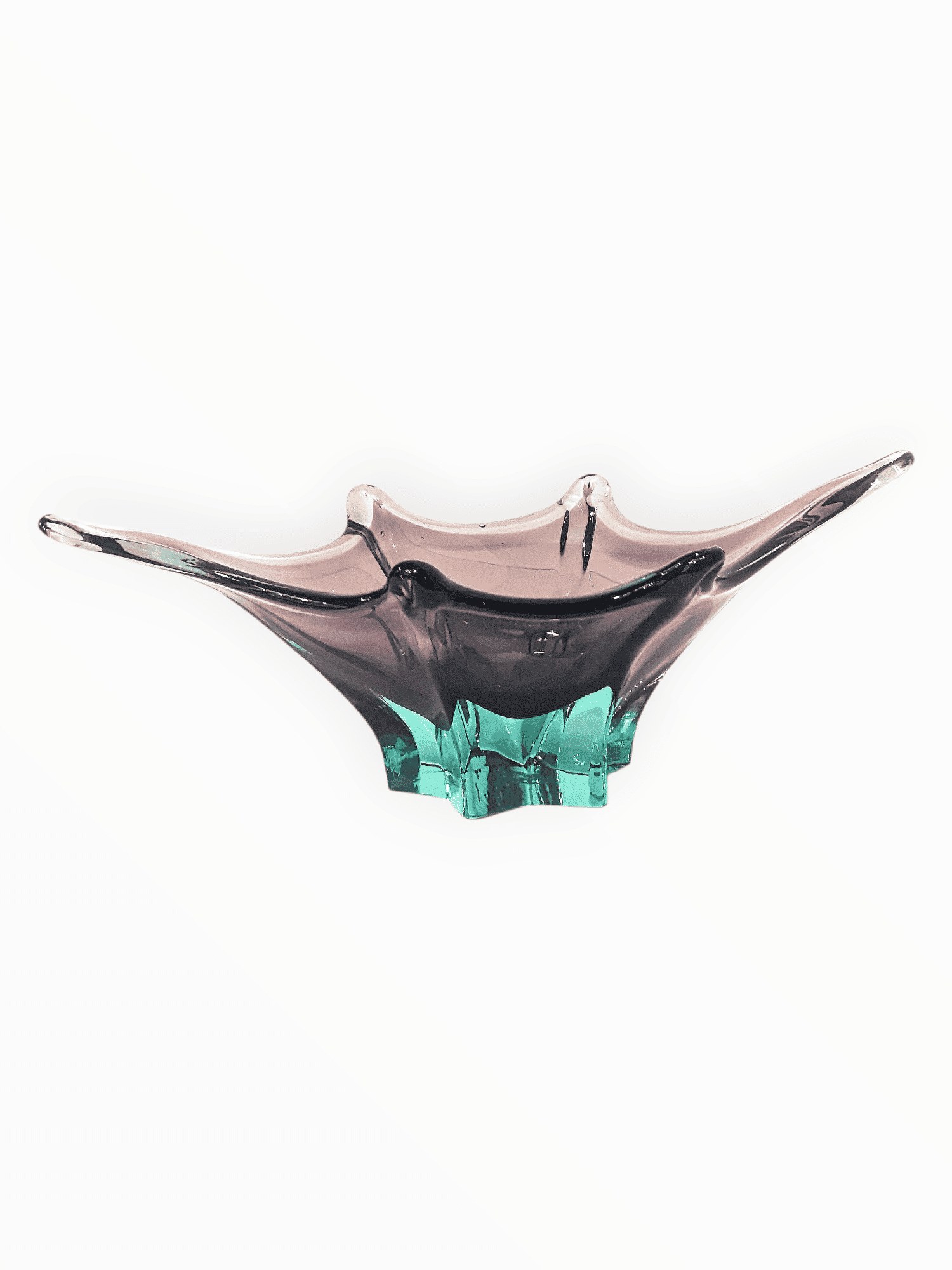 Centro de mesa vintage en vidrio de Murano sommerso verde y berenjena de 26 cm
