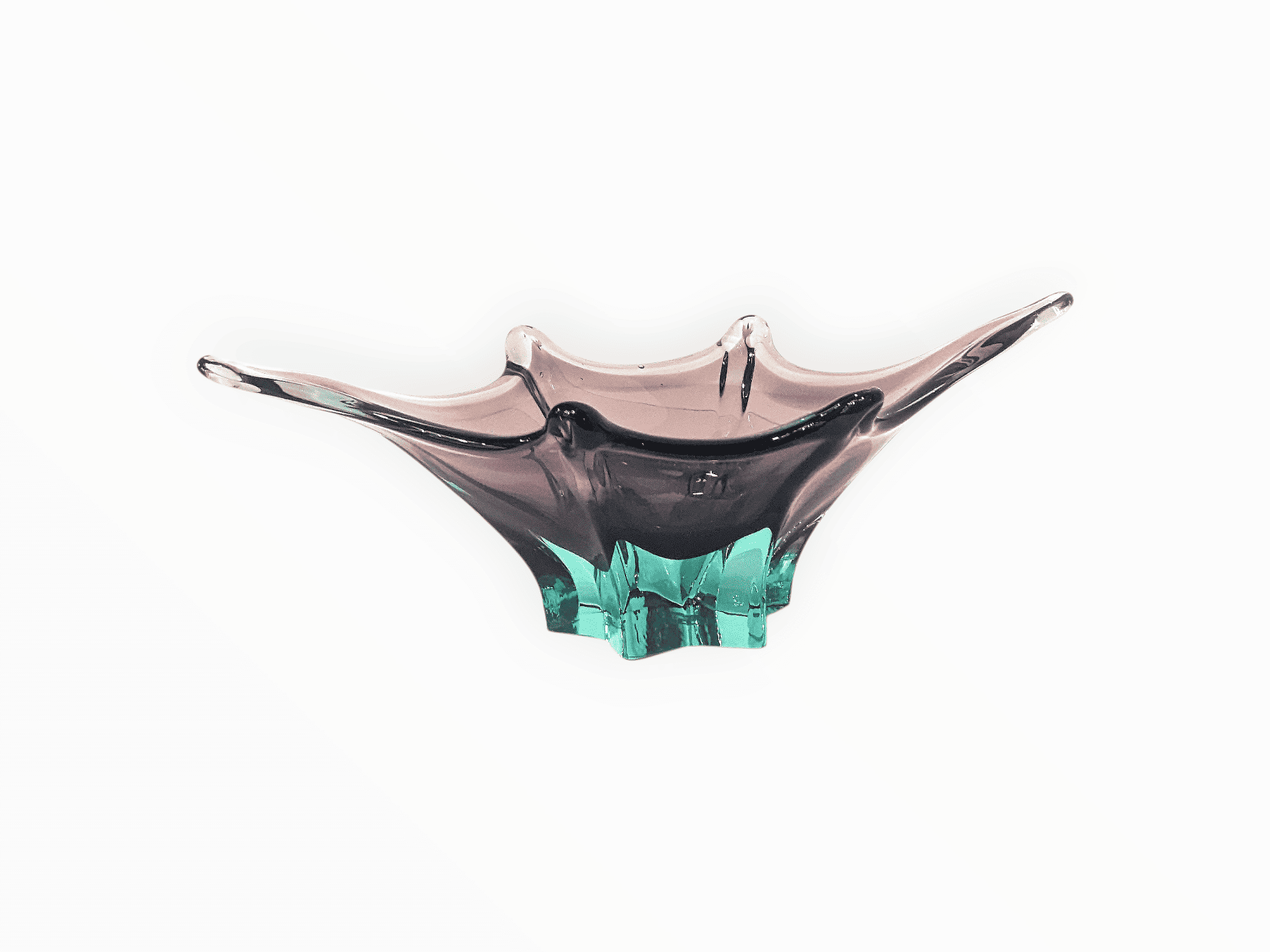 Centro de mesa vintage en vidrio de Murano sommerso verde y berenjena de 26 cm