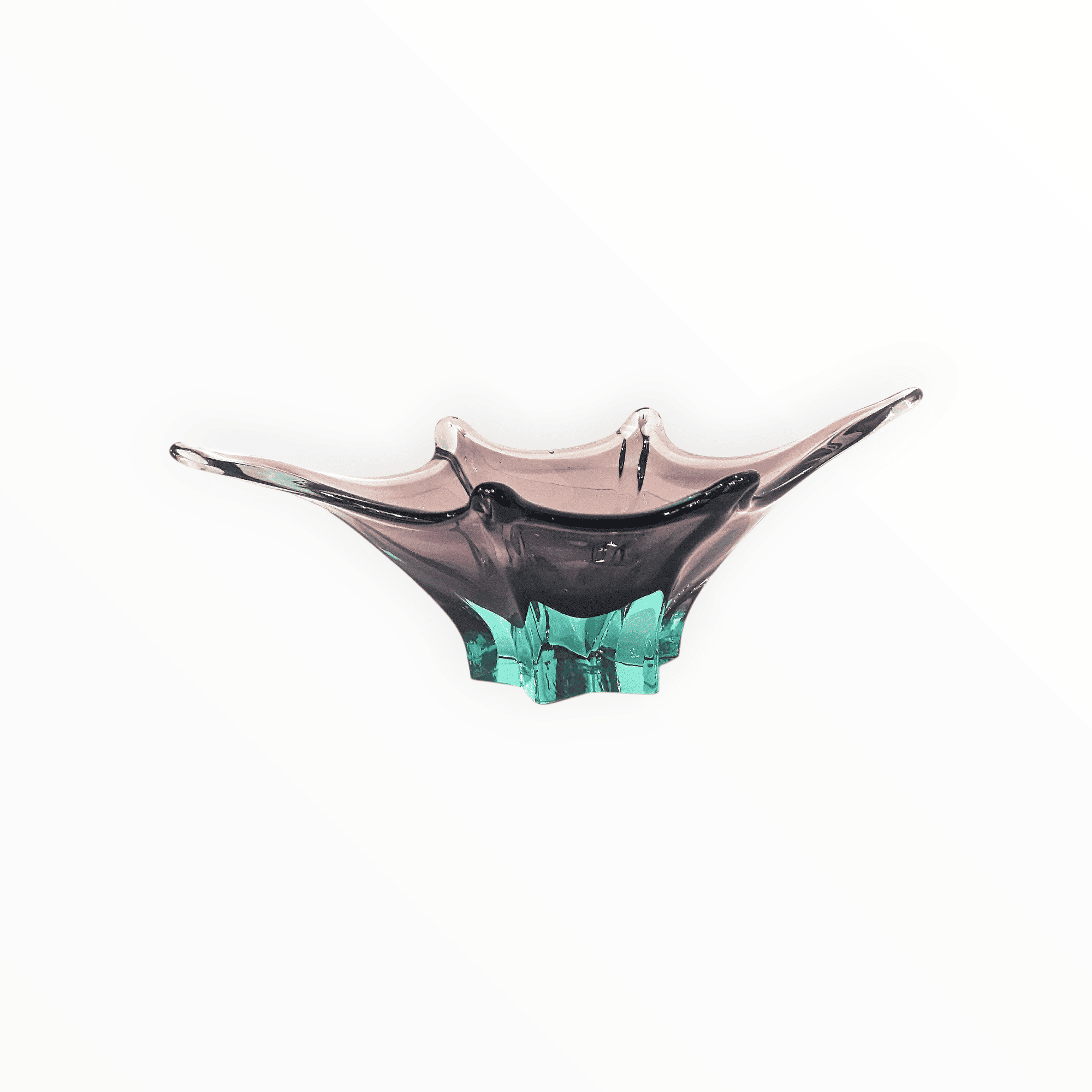 Centro de mesa vintage en vidrio de Murano sommerso verde y berenjena de 26 cm