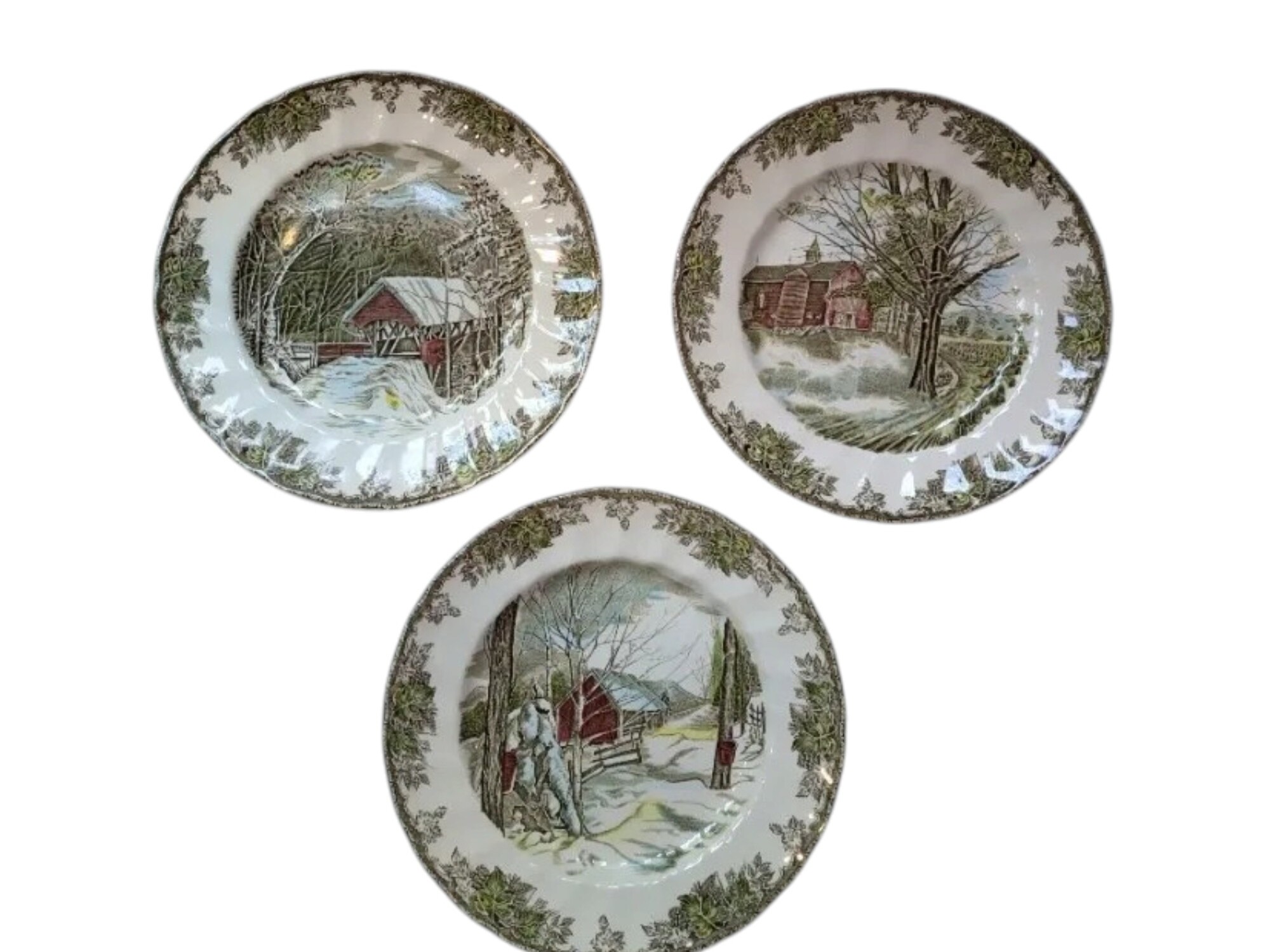 Juego de 3 platos llanos antiguos de loza inglesa Johnson Brothers The Friendly Village