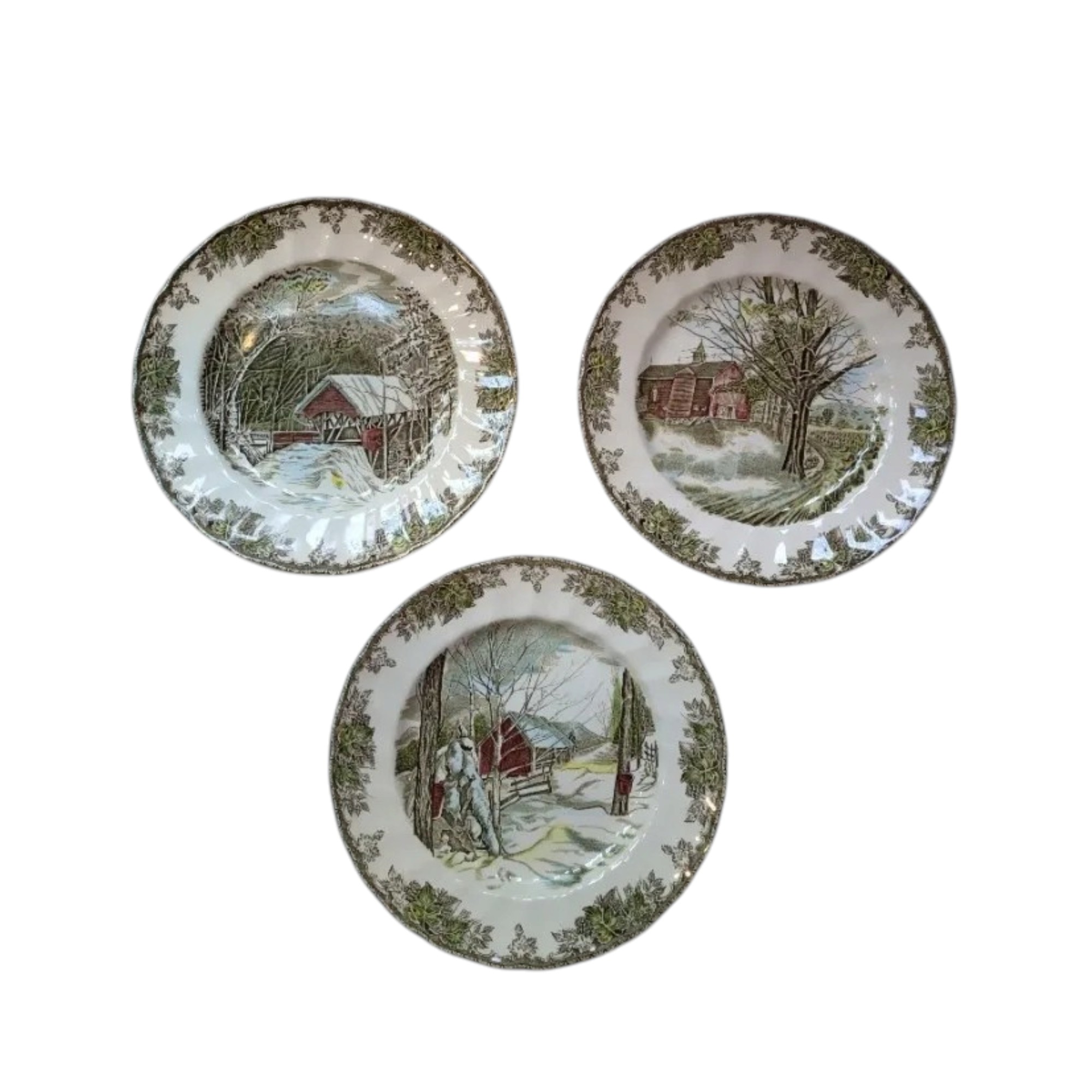 Juego de 3 platos llanos antiguos de loza inglesa Johnson Brothers The Friendly Village