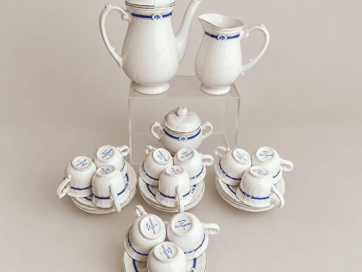 Juego de café de porcelana San Claudio de 12 servicios con cenefa azul y oro